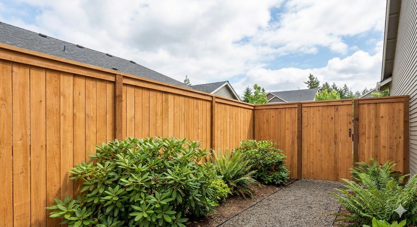 Cedar board fence with matching gate