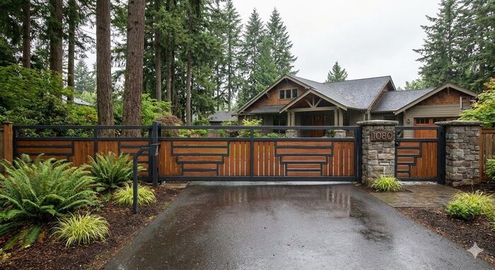 Custom wood and steel driveway gate with stone columns
