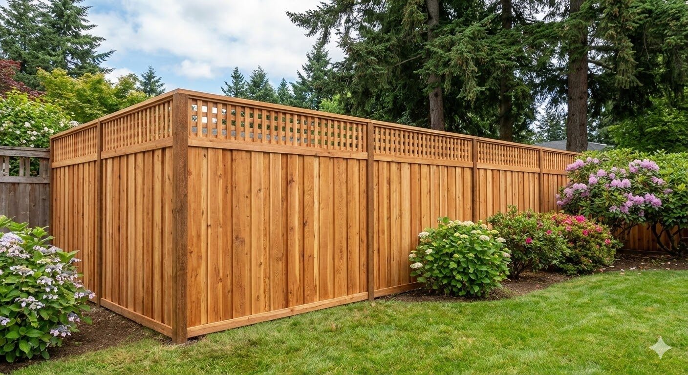 Custom cedar privacy fence surrounding backyard