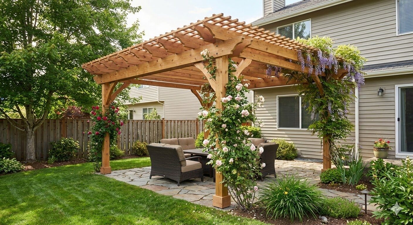 Custom cedar pergola over a backyard patio