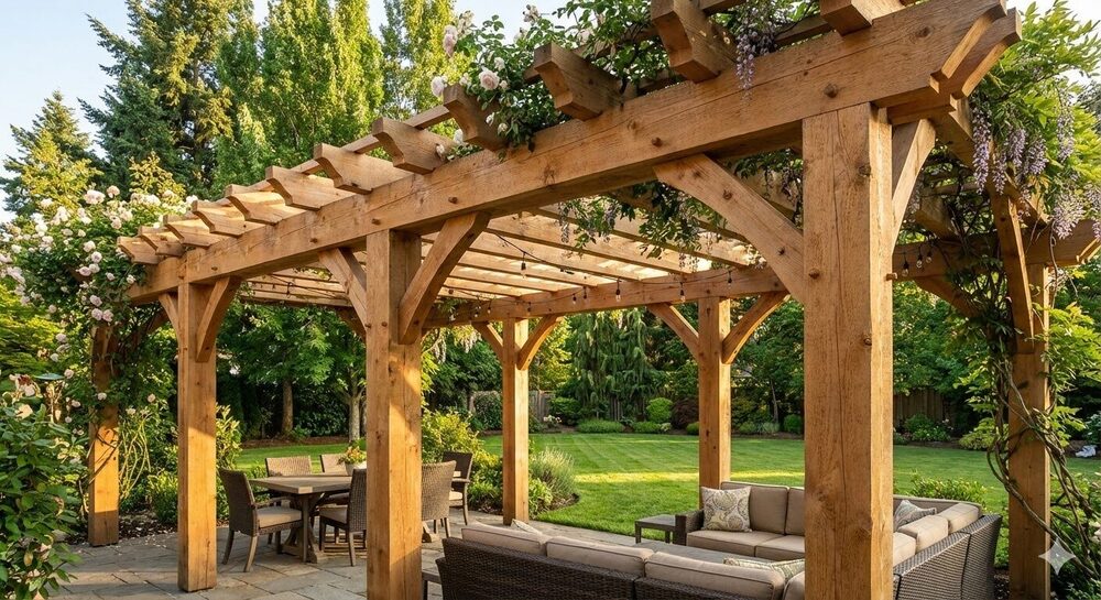 Custom cedar pergola with outdoor seating