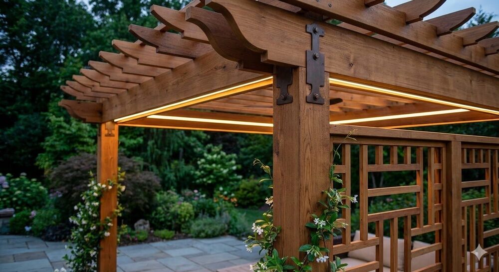 Custom cedar pergola with integrated LED lighting
