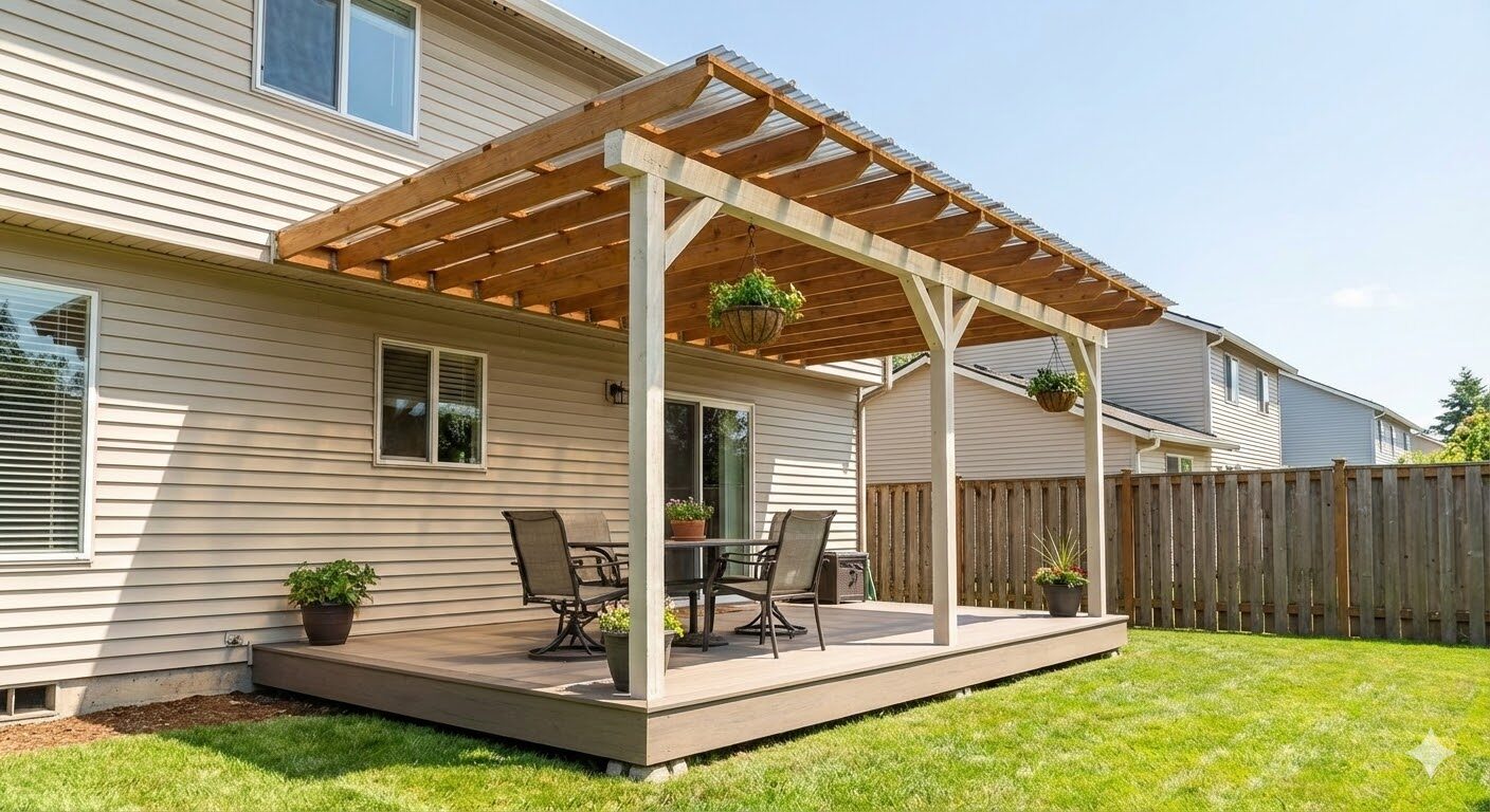 Custom covered pergola built over a backyard deck