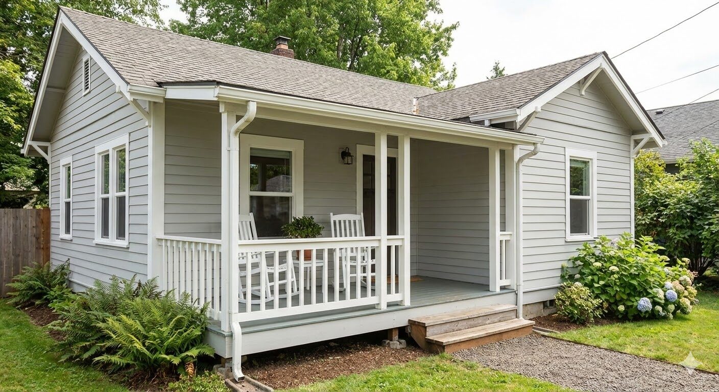 Covered front porch with white railing and roof extension