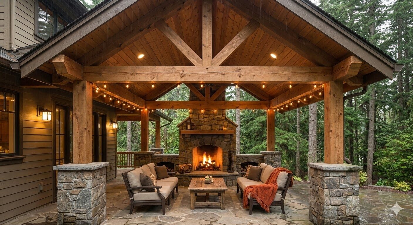 Timber outdoor living pavilion with stone fireplace and seating area