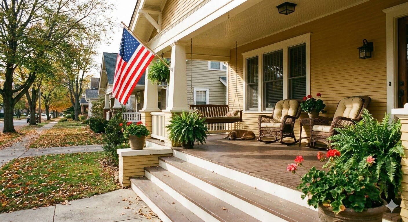 Custom front porch with covered seating area and wood decking