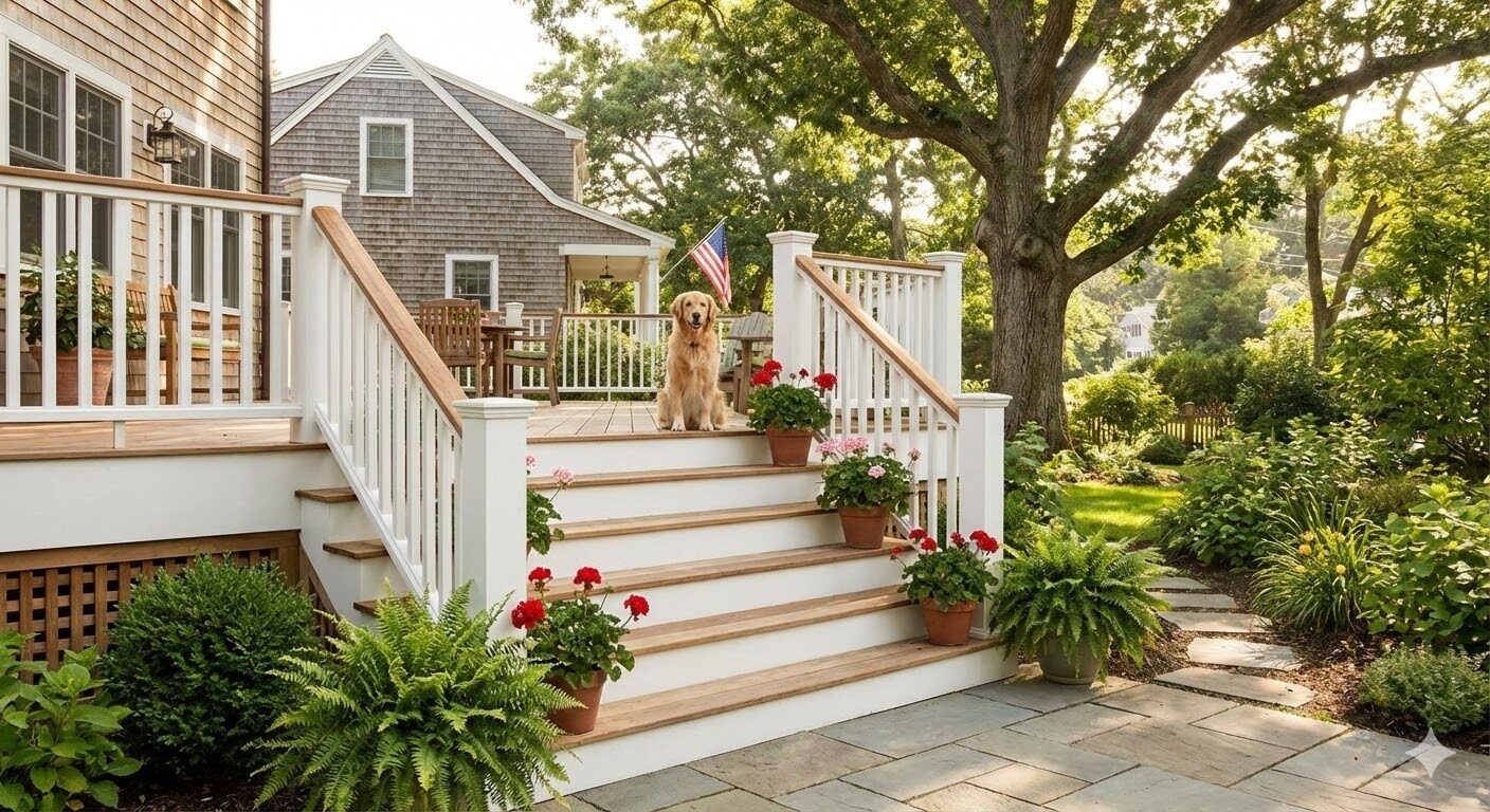 Custom backyard deck stairs with white railing